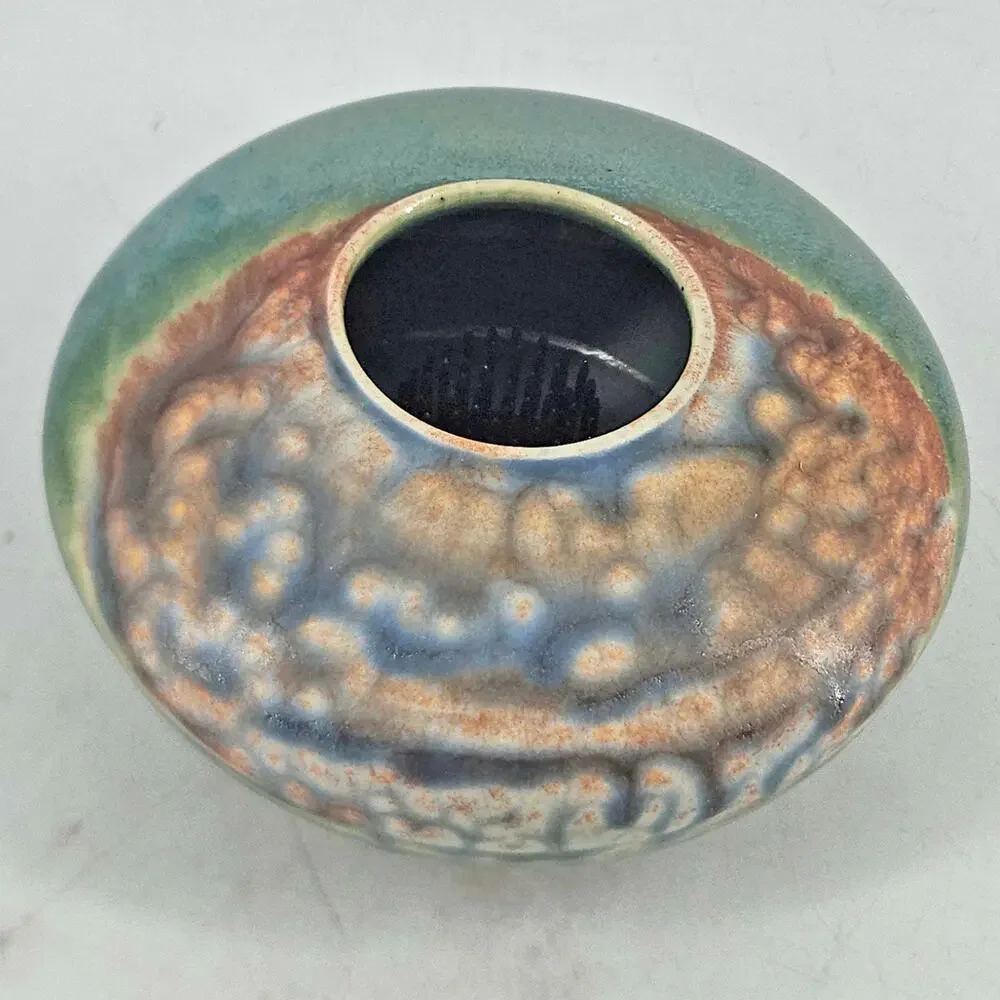 Ikebana Studio Art Pottery w Flower Frog Vase Bowl jade green Signed